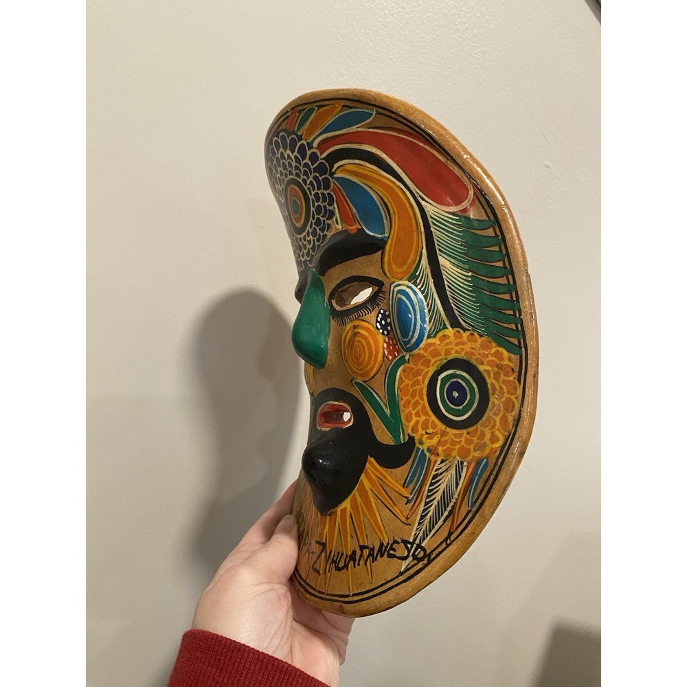 Vtg Mexican Clay Colorful Folk Art Mask Hand Painted 9"x7" Ixtapa-Zihuatanejo - Picture 3 of 5